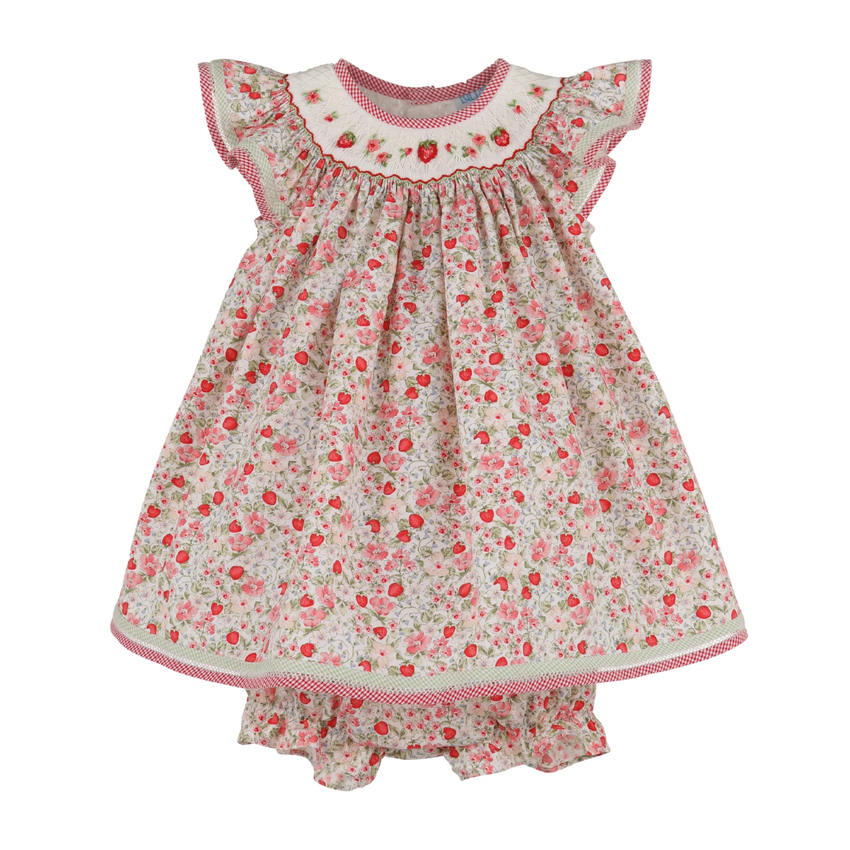 Pink baby romper with strawberry print and embroidery on a white background.
