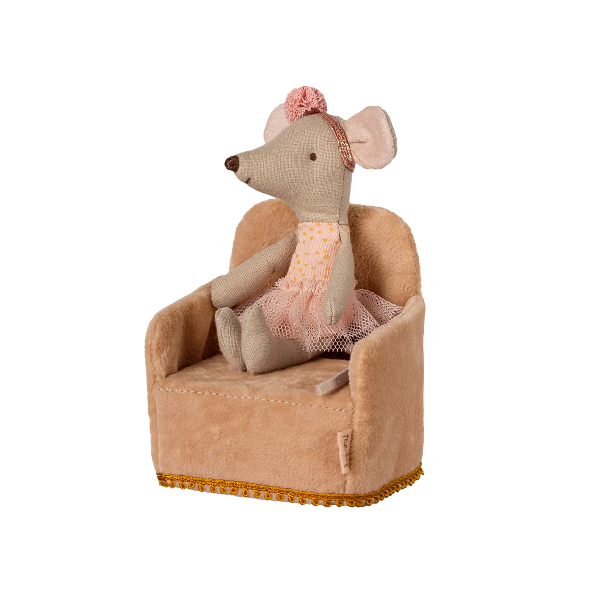 Stuffed mouse toy in a chair on a white background.
