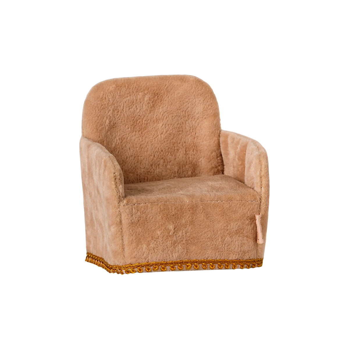 Toy size plush armchair on a white background.