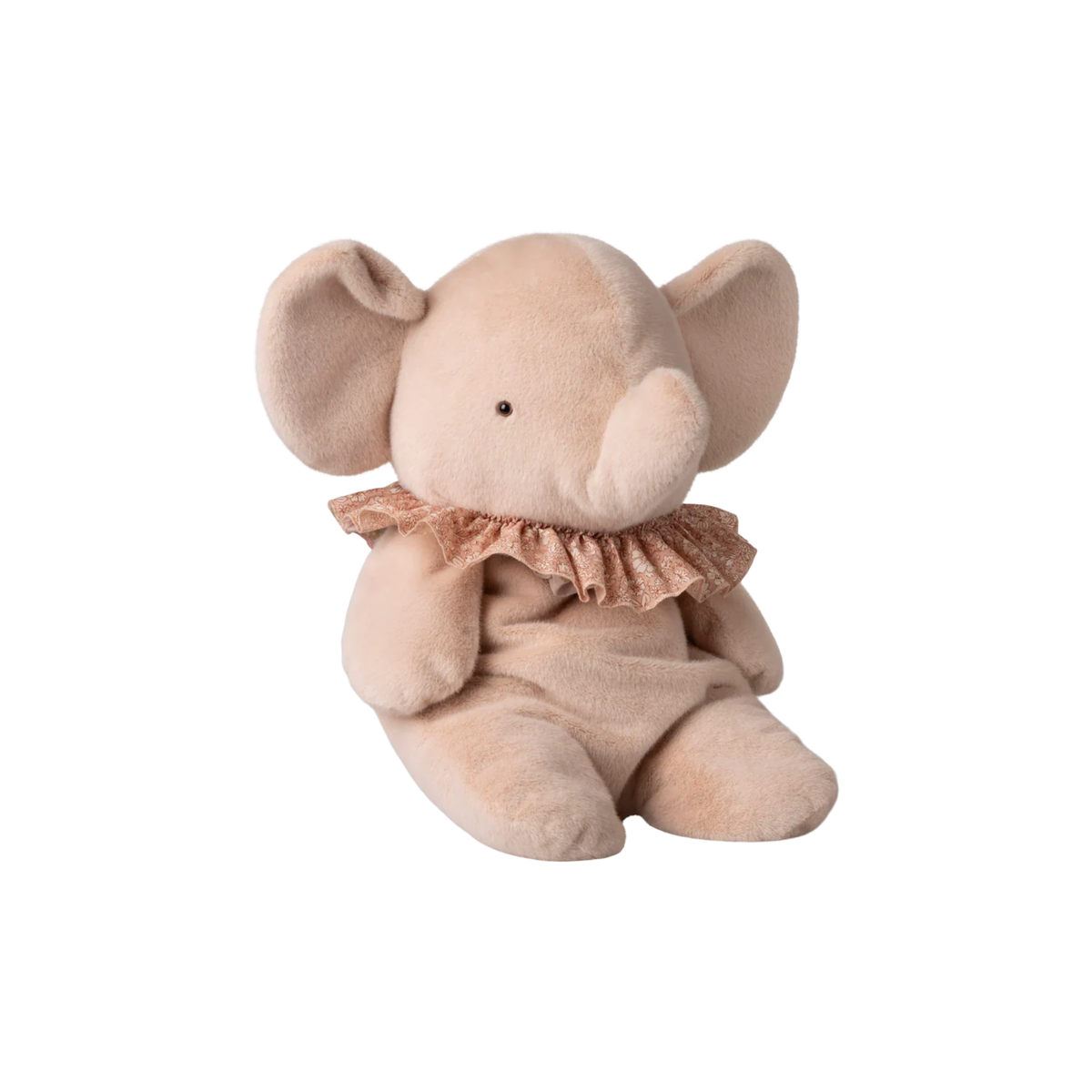 Plush elephant toy with a ruffled collar on a white background.