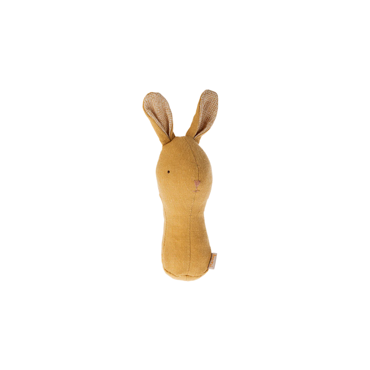 Yellow bunny rattle on a white background.
