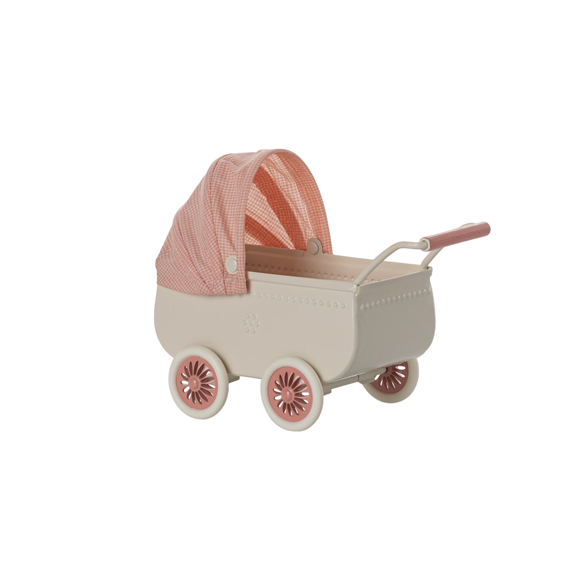 Toy mouse pram with pink canopy and wheels on a white background.