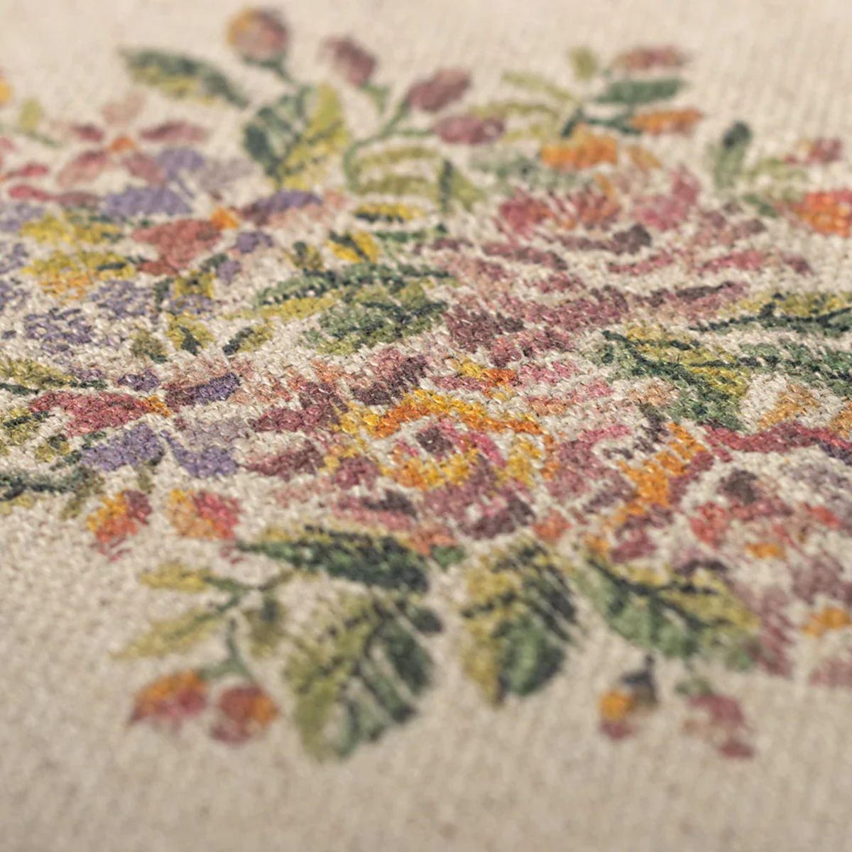 Close-up of a floral pattern on mouse house rug.