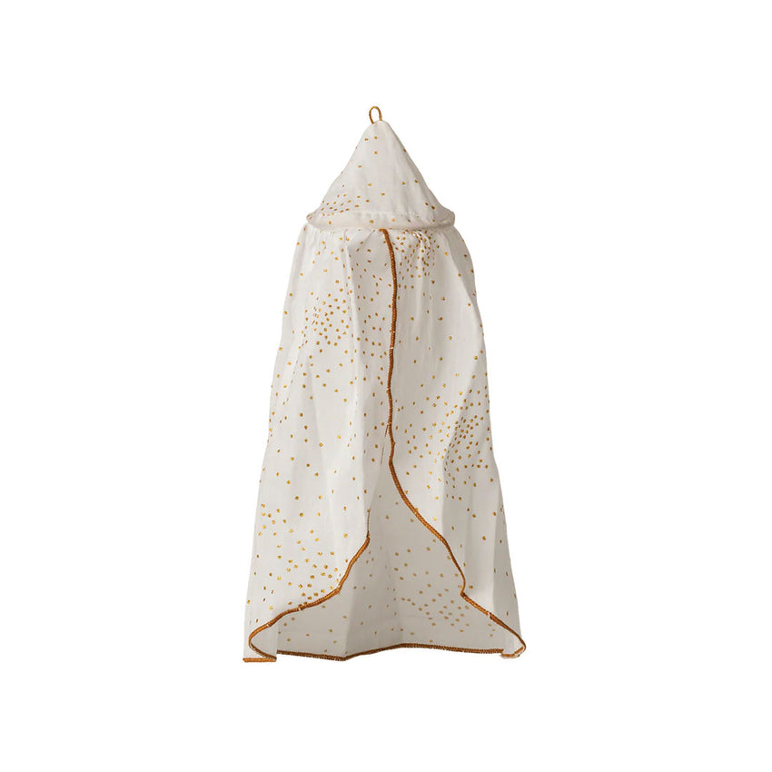 A white mini canopy baby bed with gold glittery star patterns and gold trim, suspended against a plain white background.