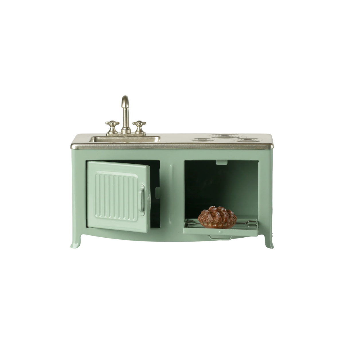 Mint green small vintage-style kitchen sink with cabinet on a white background.