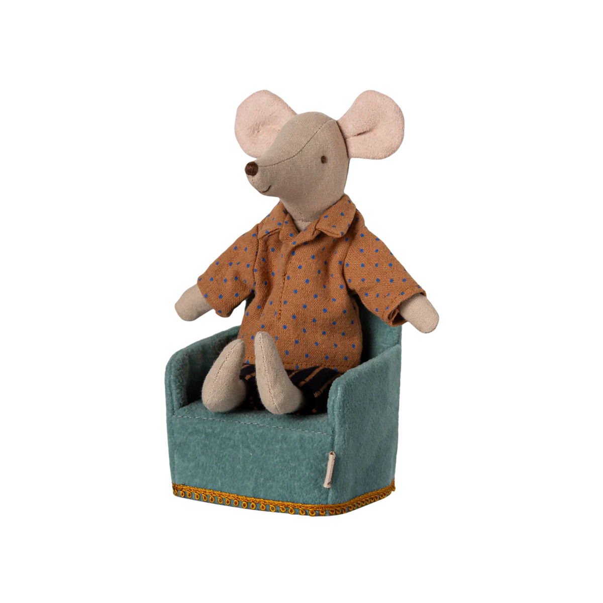 Stuffed mouse toy wearing a patterned shirt sitting on a small green chair with a white background.