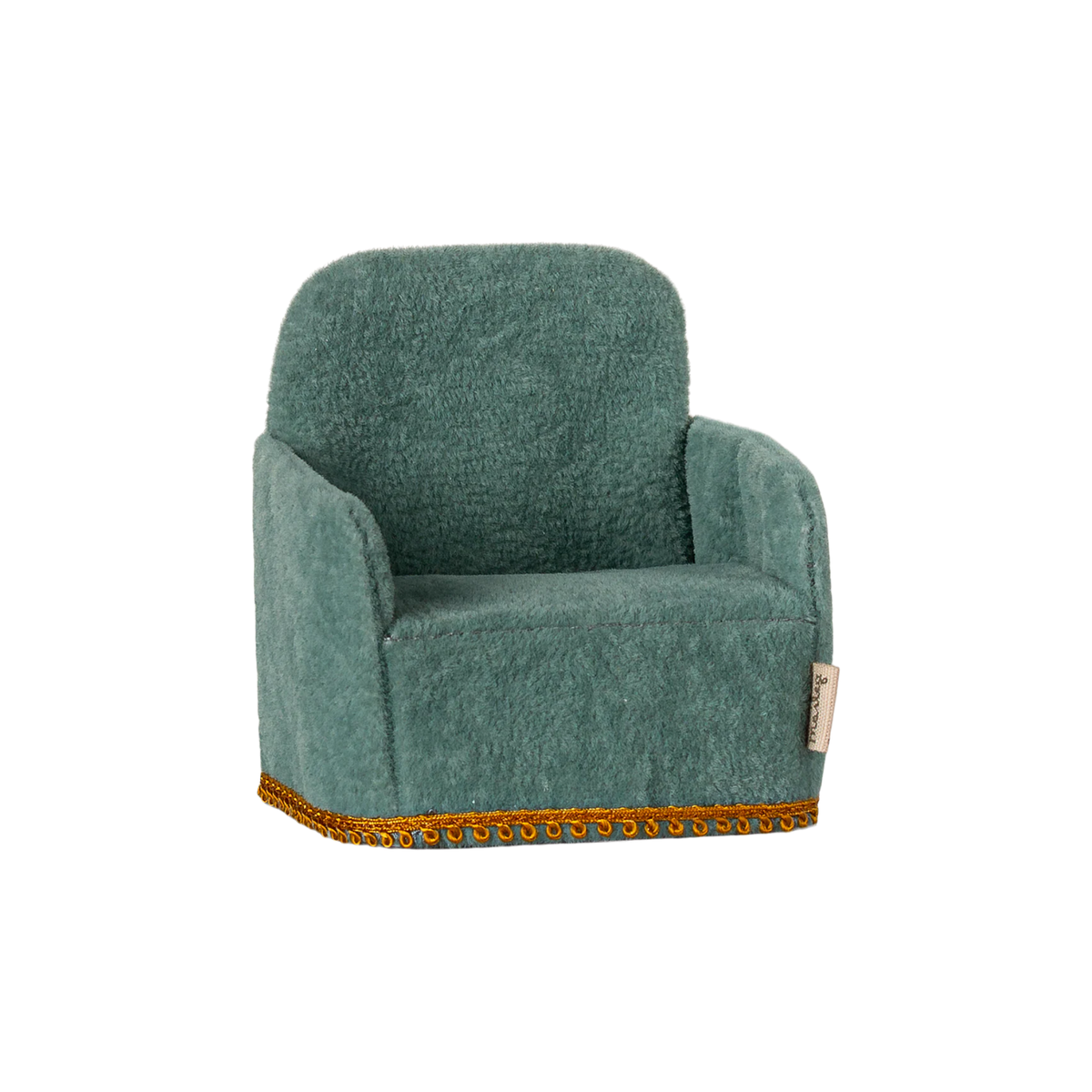 Toy mouse size green armchair with decorative trim on a white background.