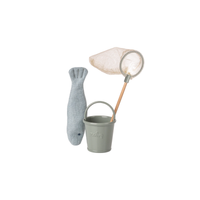 Mice toy set with a fishing net, bucket, and fish on a white background.