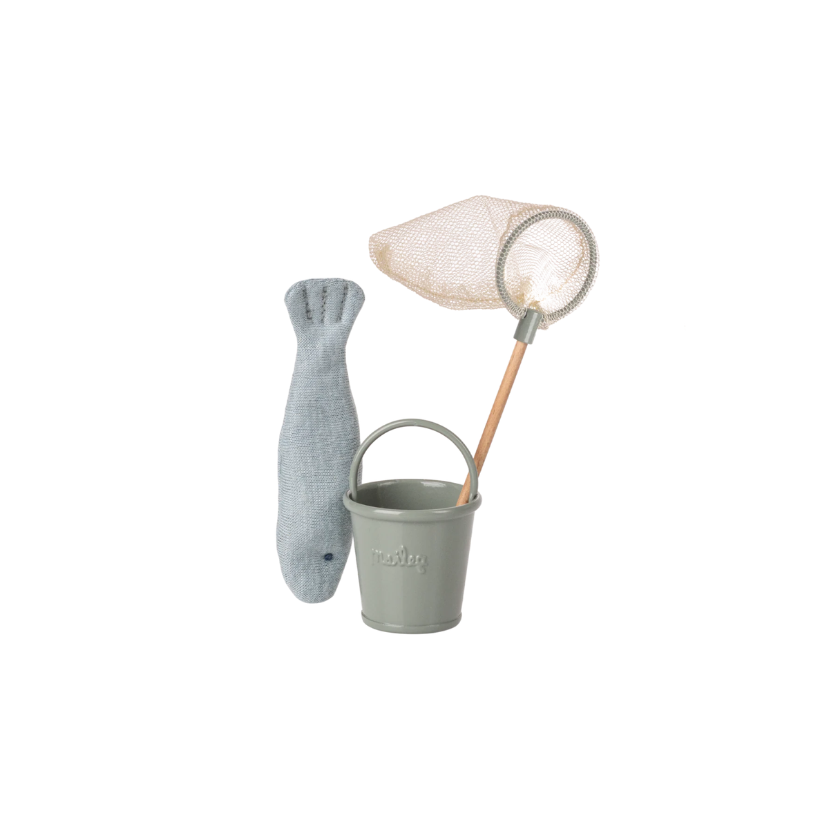 Mice toy set with a fishing net, bucket, and fish on a white background.