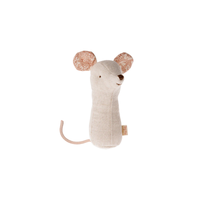 White mouse rattle with pink print in ears on a white background.