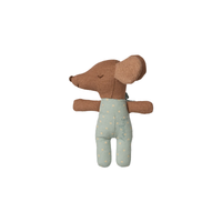 Toy mouse  wearing a light blue outfit with white polka dots showing sleeping face mouse on a white background.