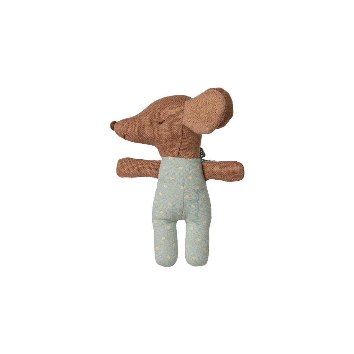 Toy mouse  wearing a light blue outfit with white polka dots showing sleeping face mouse on a white background.