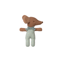 Stuffed toy mouse in a light blue outfit with white polka dots on a white background.  Awake side of face showing.