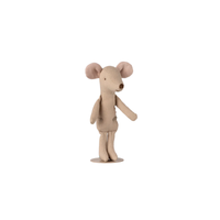 Stuffed mouse toy in beige being held by a  wire stand on a white background.