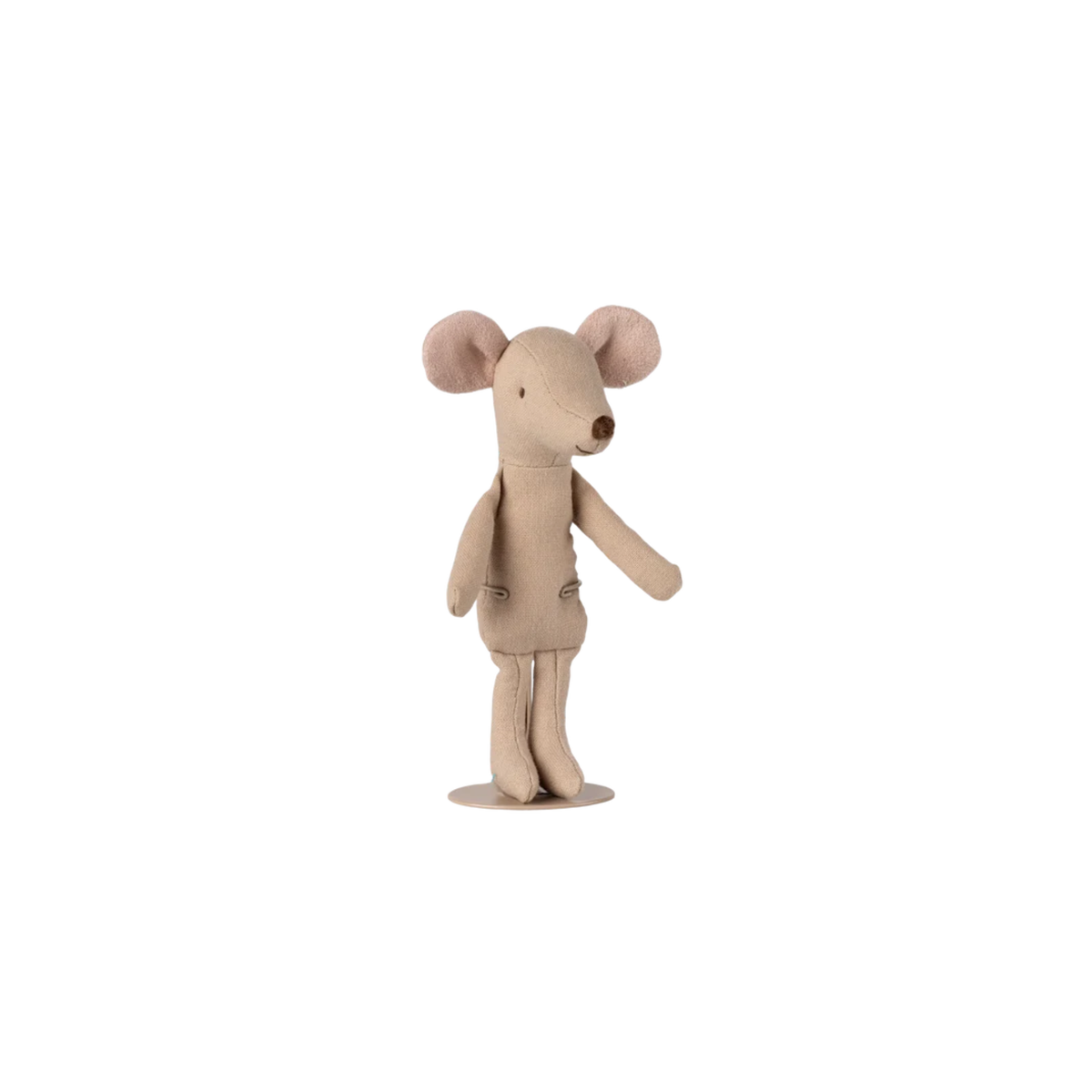 Stuffed mouse toy in beige being held by a  wire stand on a white background.