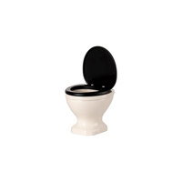 Mouse-size white toilet bowl with black seat on a white background.