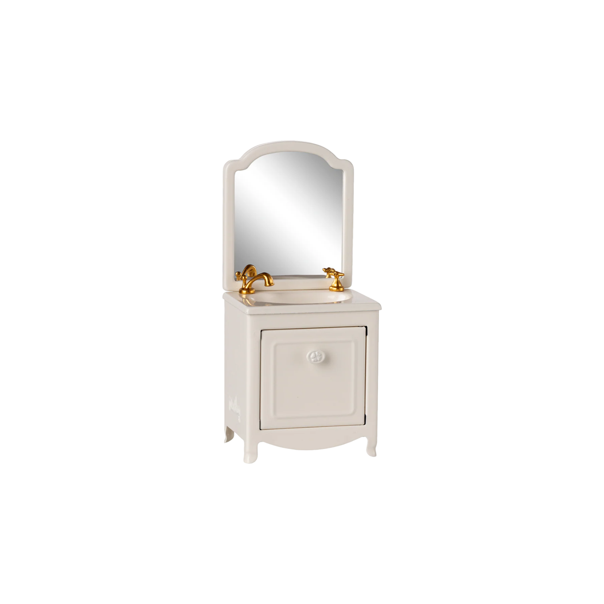 Miniature white vanity with mirror and sink on a white background.