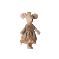 Sister mouse toy wearing a dress and crown on a white background.