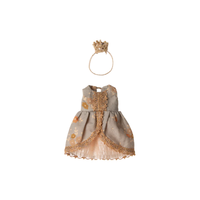 Toy mouse dress with gold accents and a matching crown on a white background.