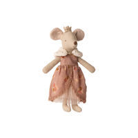 Queen mouse toy wearing a pink dress with floral patterns and a crown on a white background.