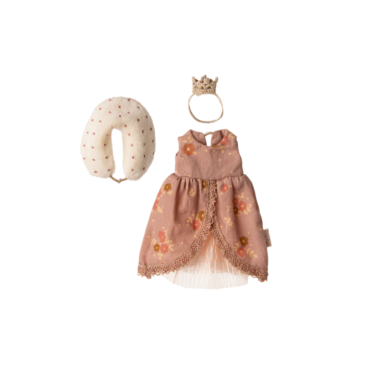Queen mouse dress, crown and collar on a white background.