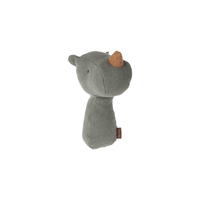 Plush rhino rattle with a brown horn on a white background.