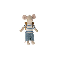 Stuffed toy mouse in a striped shirt and shorts with a backpack on a white background.