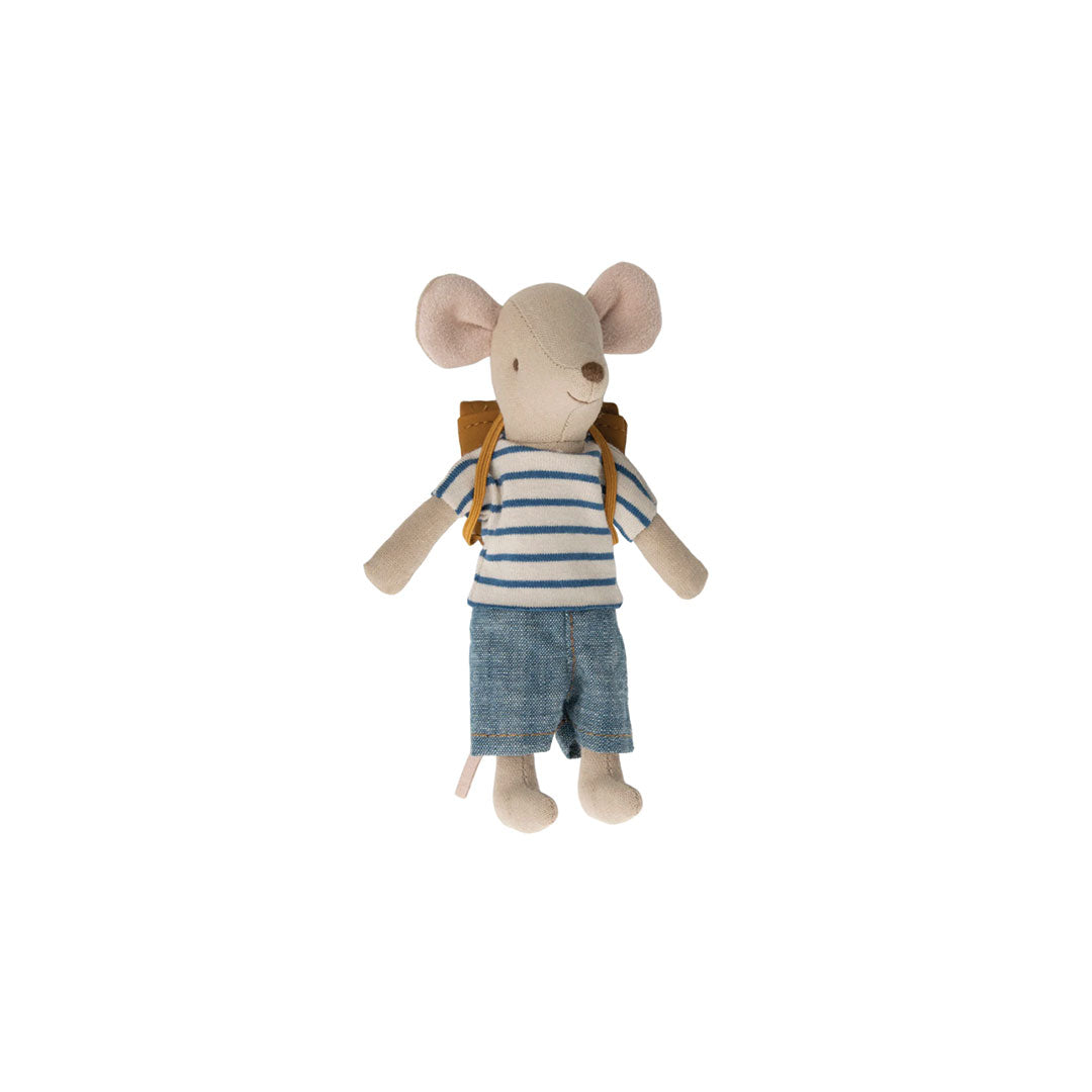 Stuffed toy mouse in a striped shirt and shorts with a backpack on a white background.