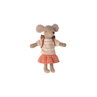 Stuffed mouse toy wearing a striped shirt and checkered skirt on a white background.