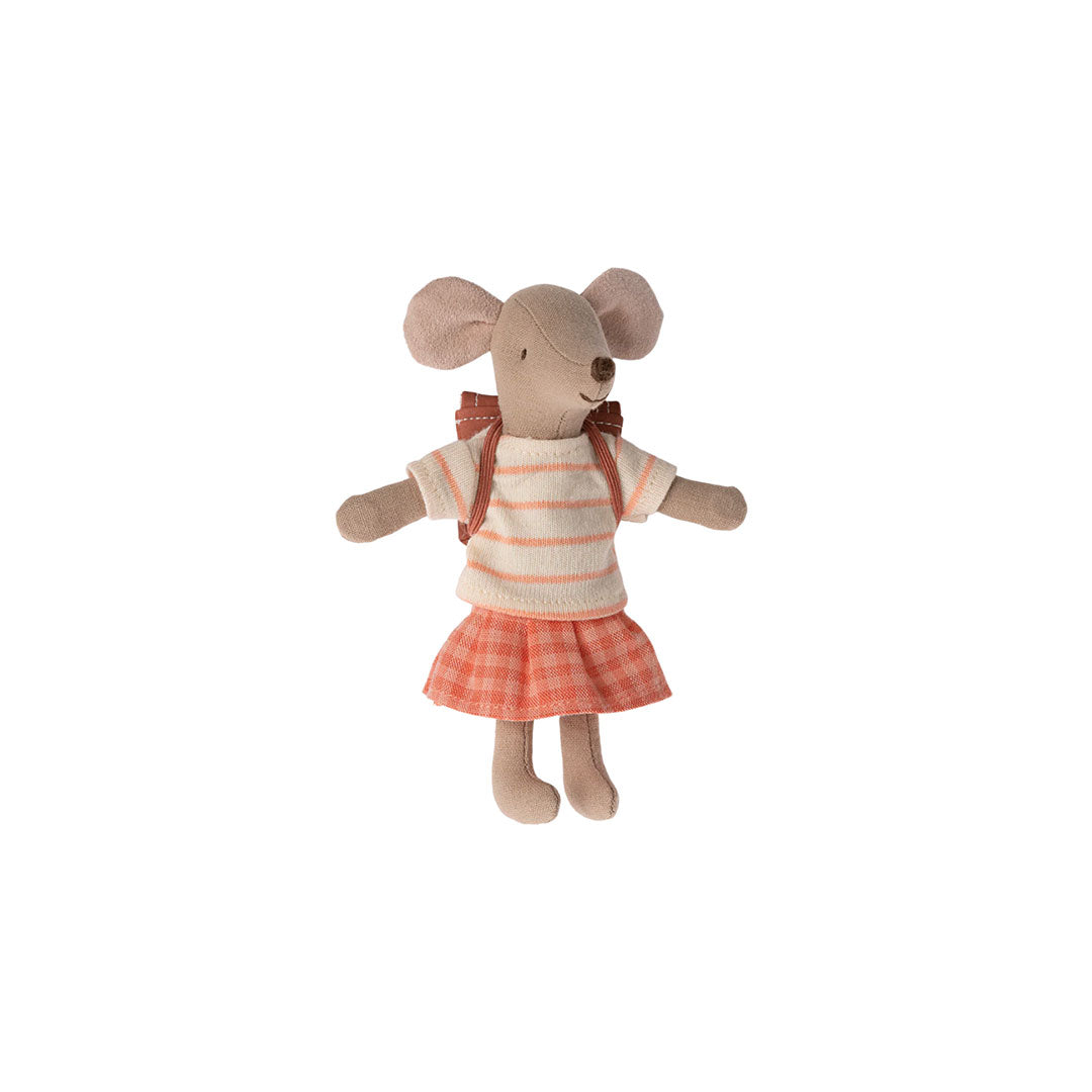 Stuffed mouse toy wearing a striped shirt and checkered skirt on a white background.