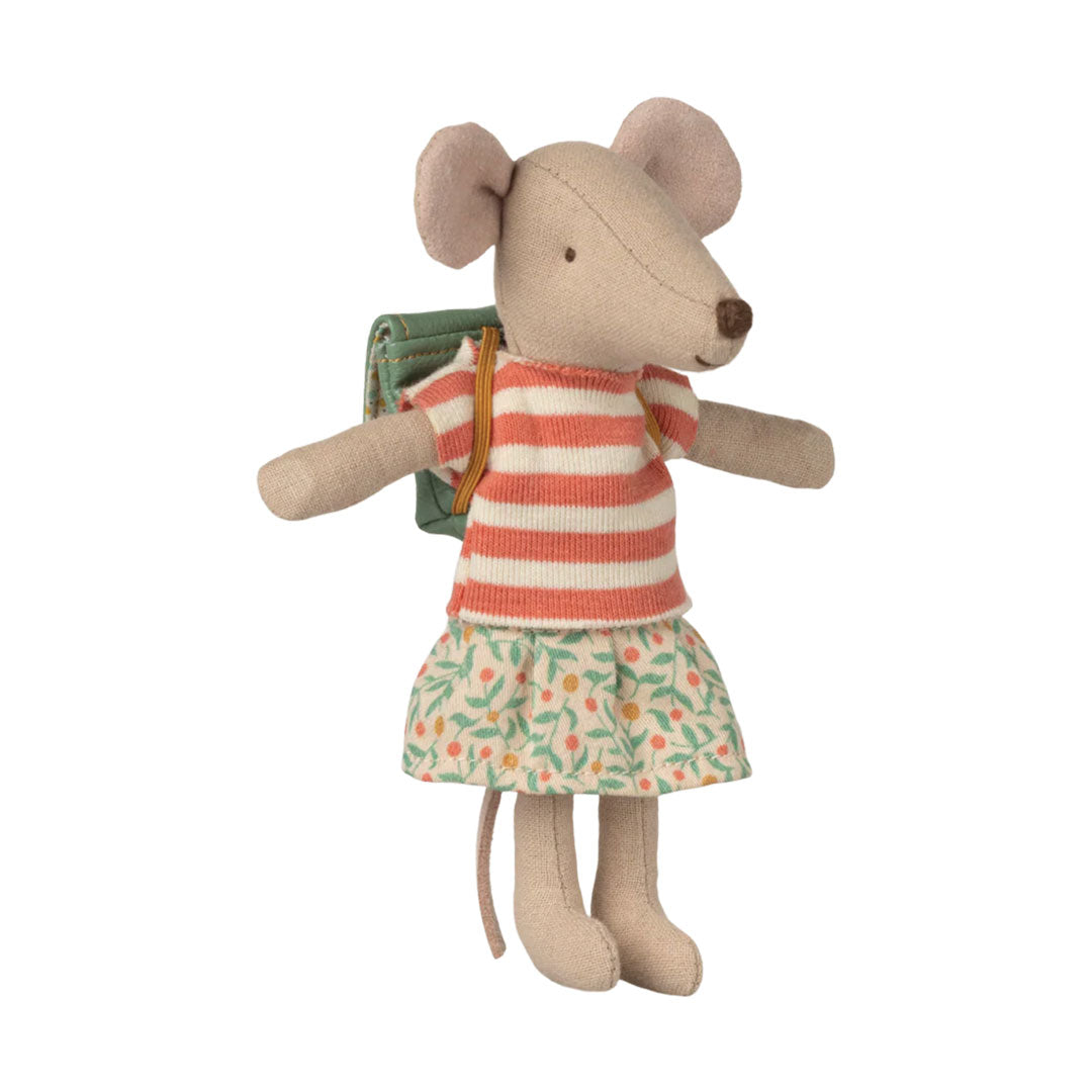 A small plush mouse doll with beige fur, wearing a coral and white striped shirt and a green floral skirt, with a green backpack,  on a white background.