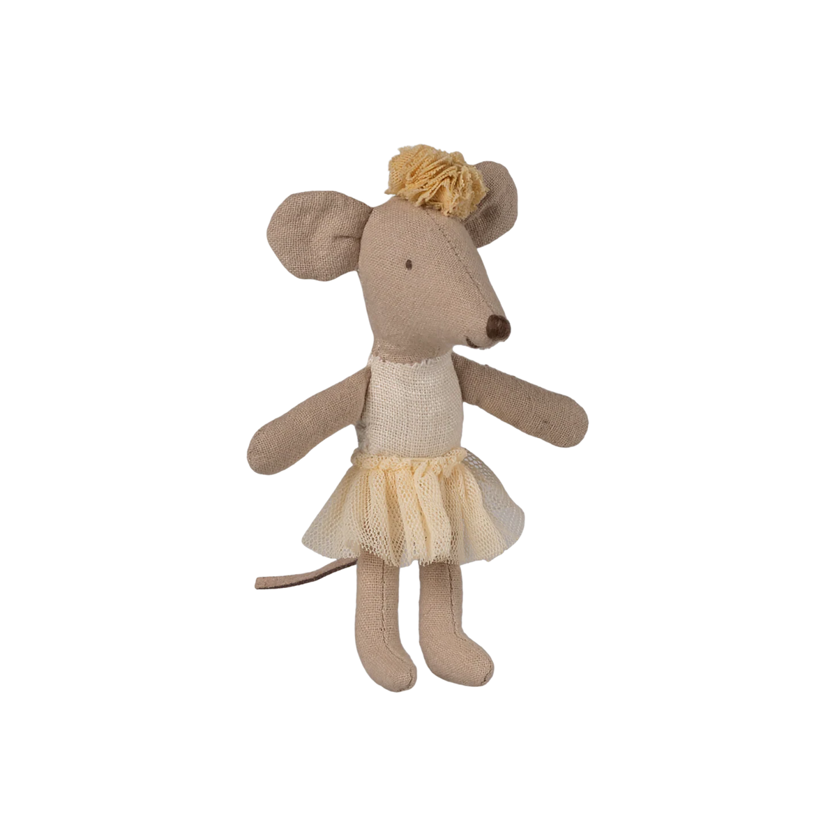 Stuffed mouse toy wearing a yellow ballerina dress and a hat on a white background