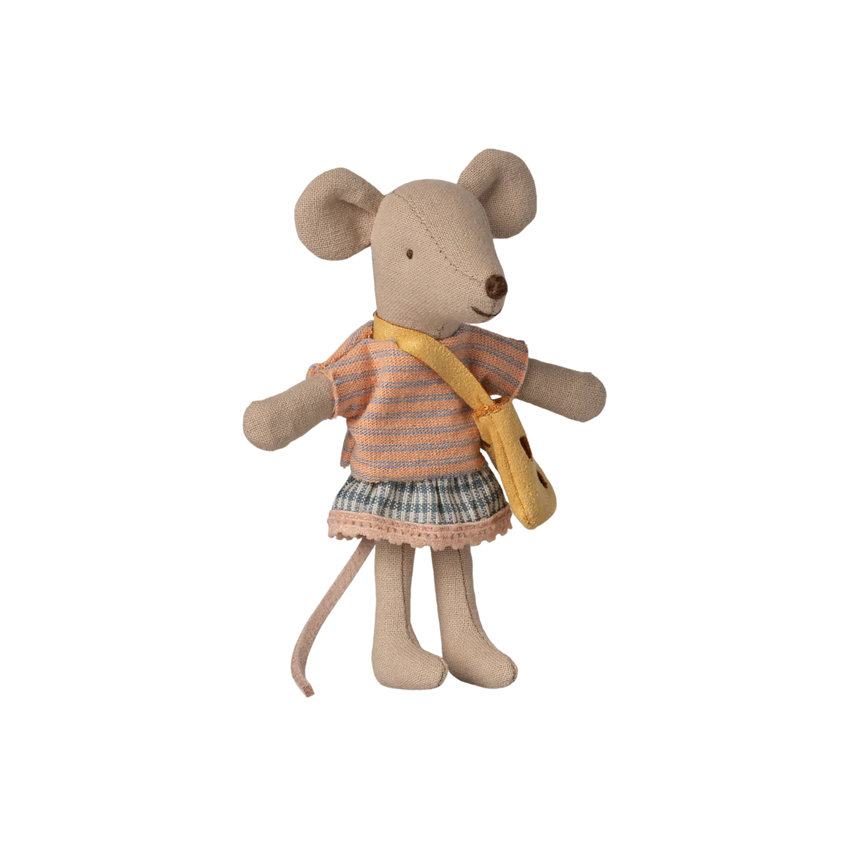 Stuffed mouse toy wearing a striped shirt and skirt with a yellow bag on a white background.