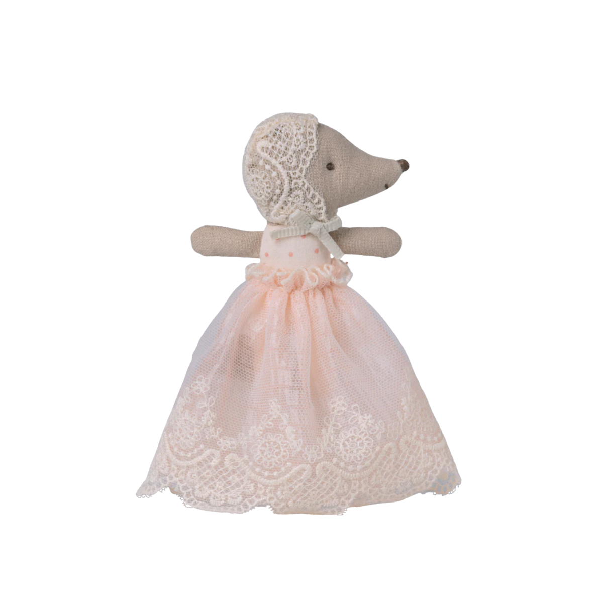 Stuffed baby mouse toy with a lace dress and cap on a white background.