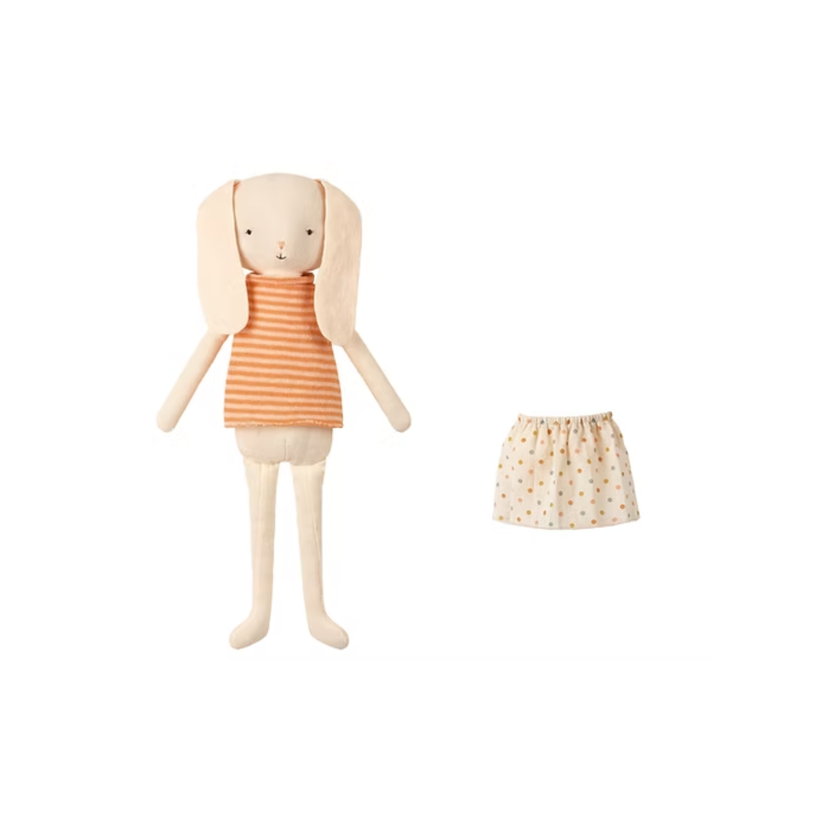 Stuffed bunny wearing striped shirt and skirt on a white background.