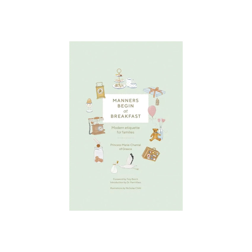 A book cover for 'Manners Begin of Breakfast' by Princess Maria Queen of Greece, featuring a pale mint green background with whimsical illustrations of breakfast items and dining accessories.