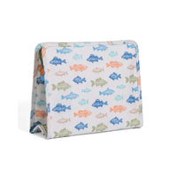 Pouch with colorful fish pattern on a white background.