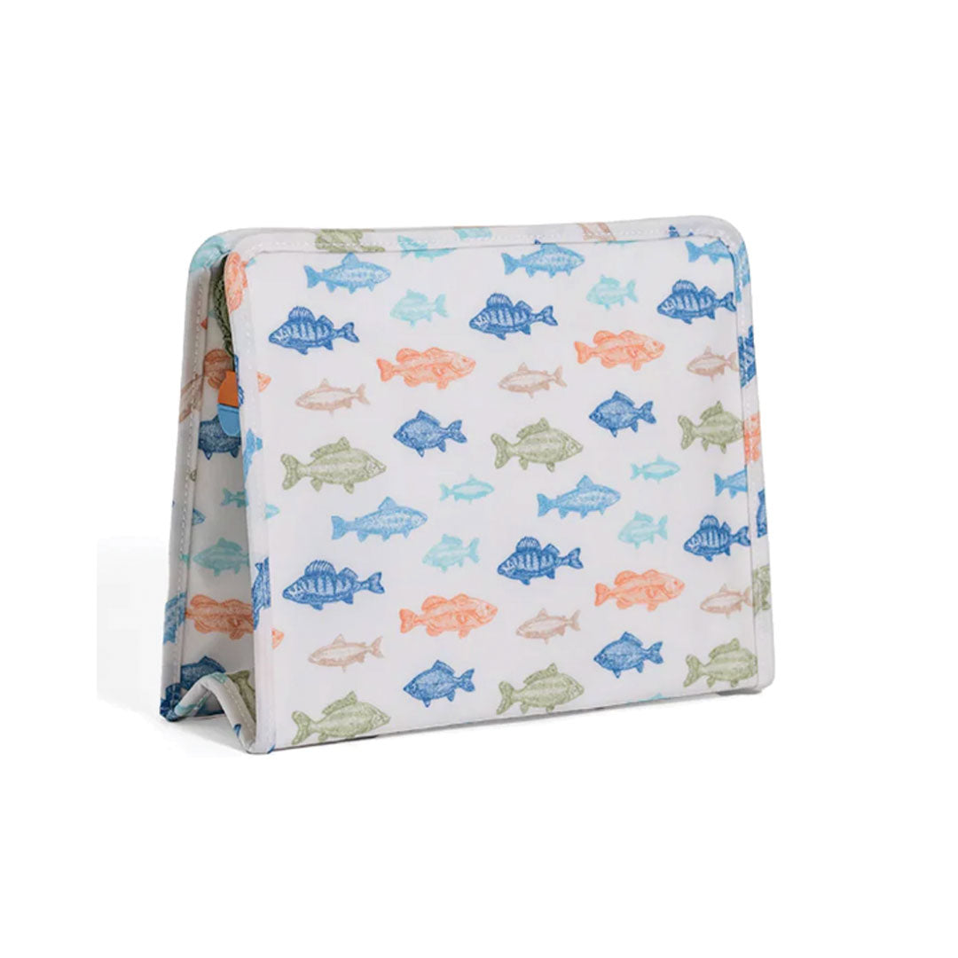 Pouch with colorful fish pattern on a white background.