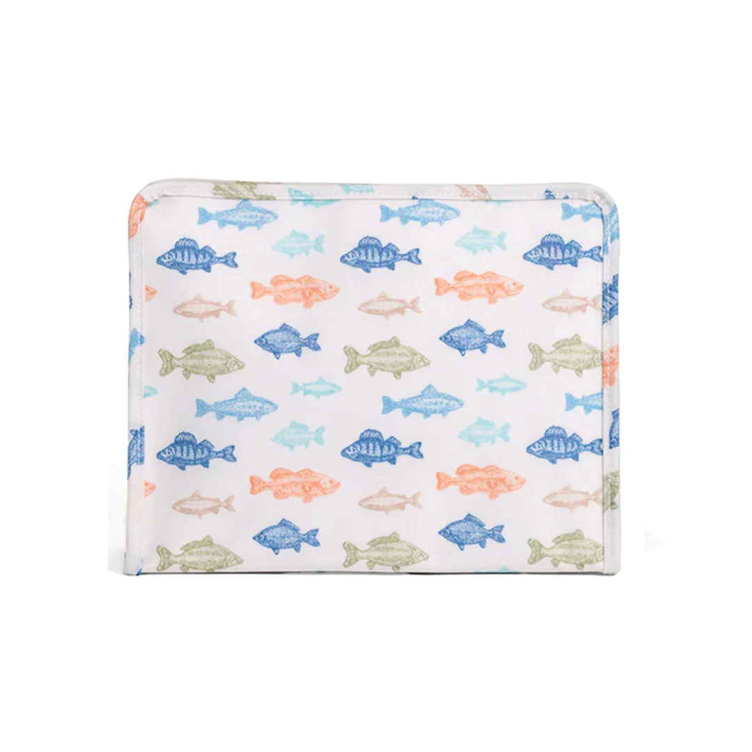 Pouch with colorful fish pattern on a white background.