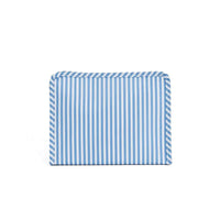 Blue and white striped zipper pouch bag on a white background.
