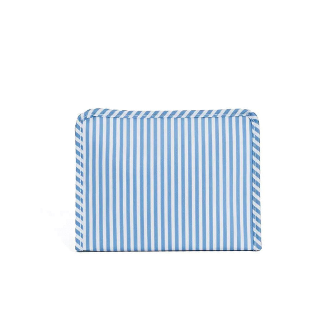 Blue and white striped zipper pouch bag on a white background.