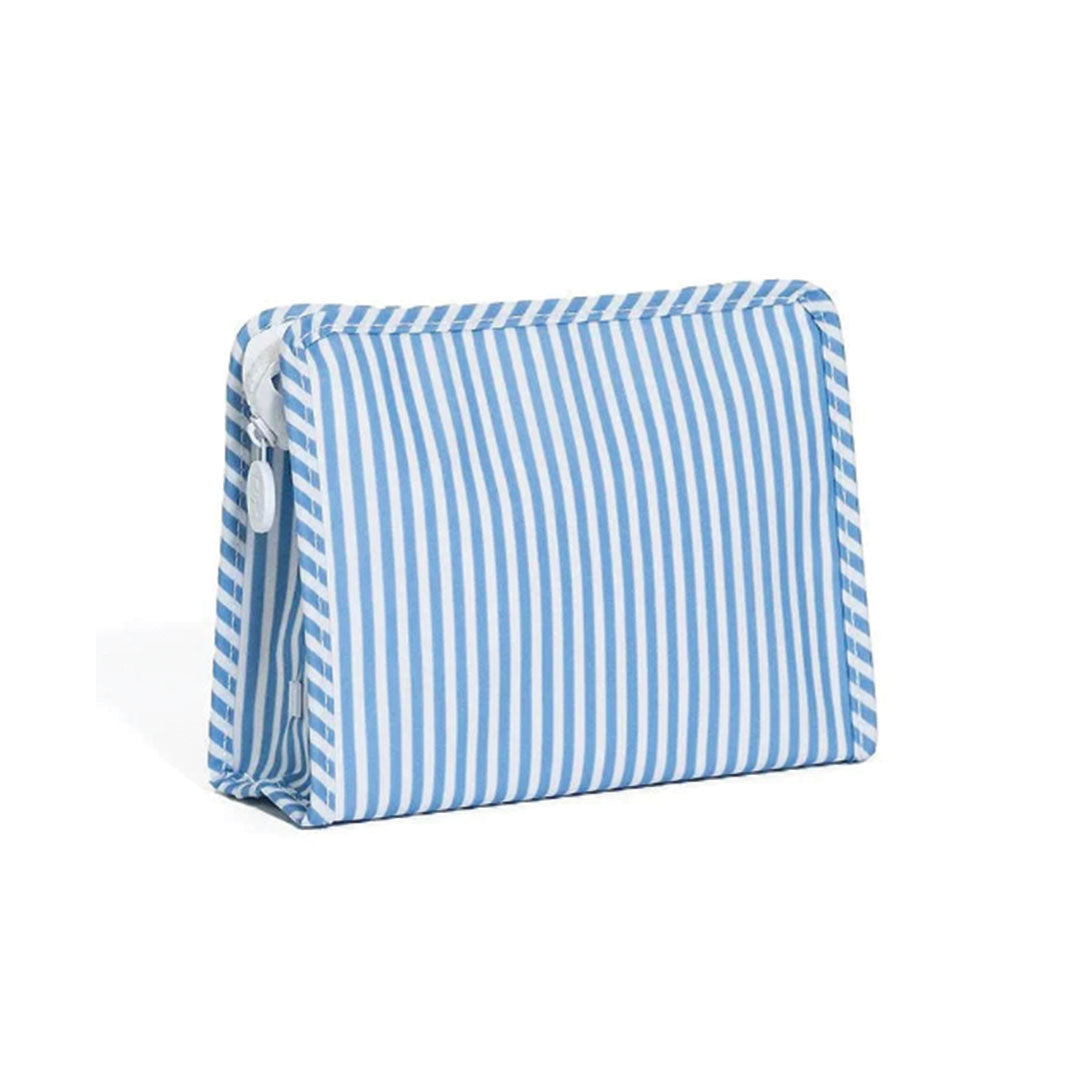 Blue and white striped zipper pouch bag on a white background.