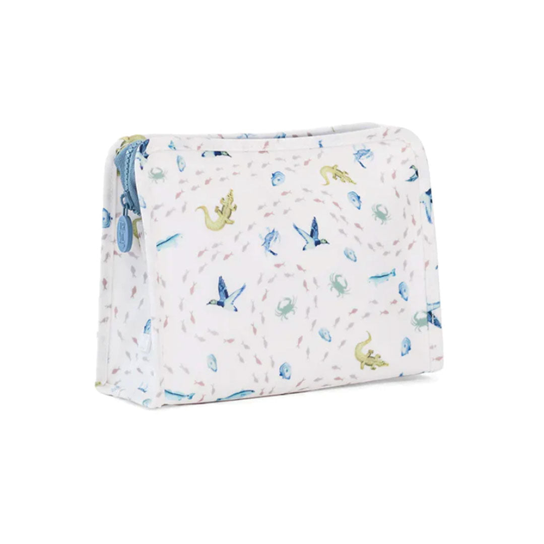 Zippered pouch with sea animal pattern on a white background.