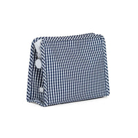 Blue and white checkered zippered pouch on a white background.