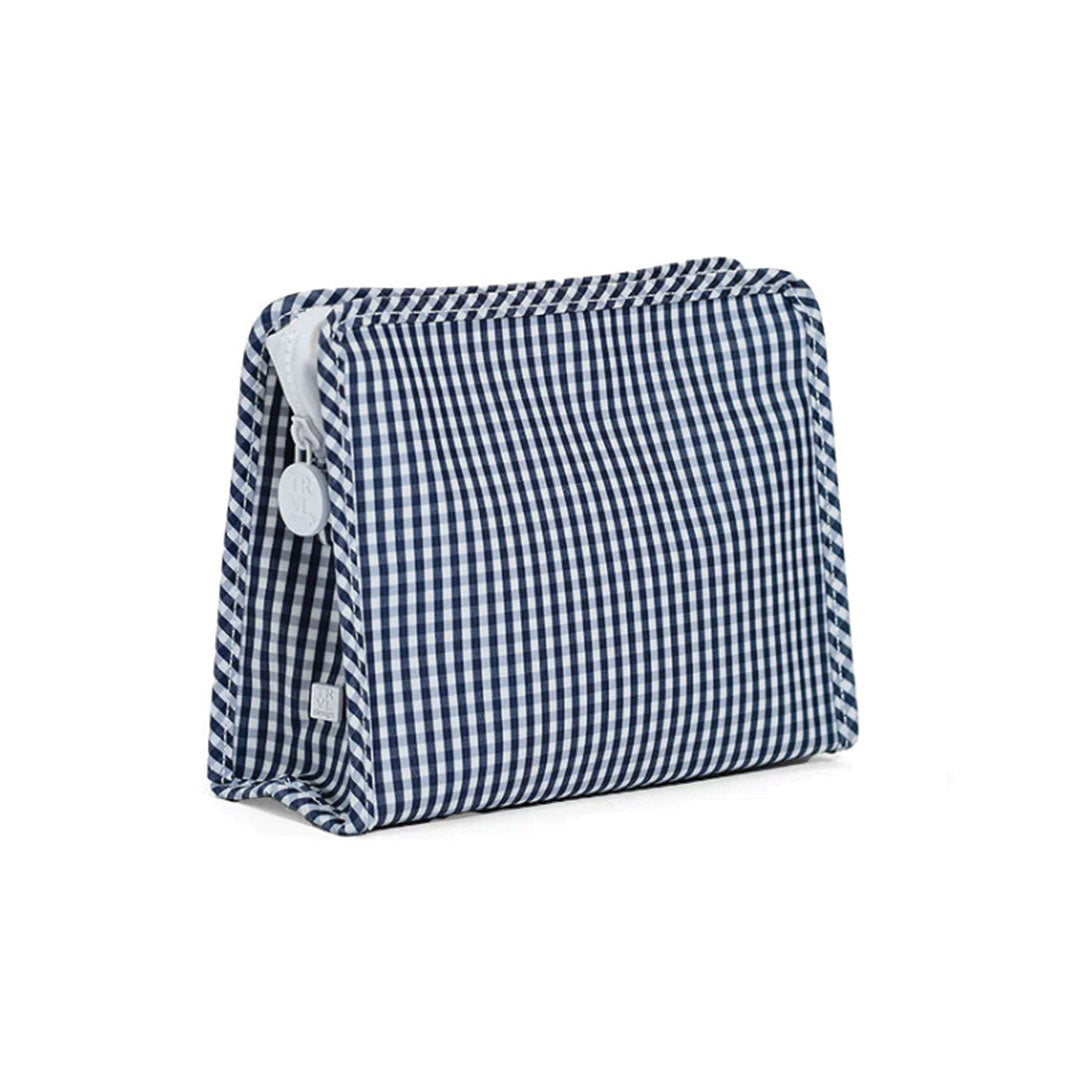 Blue and white checkered zippered pouch on a white background.