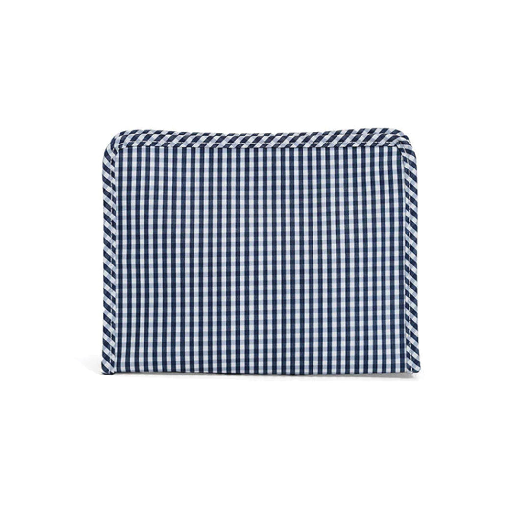 Blue and white checkered zippered pouch  on a white background