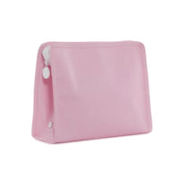 Pink pouch with a zipper on a white background.