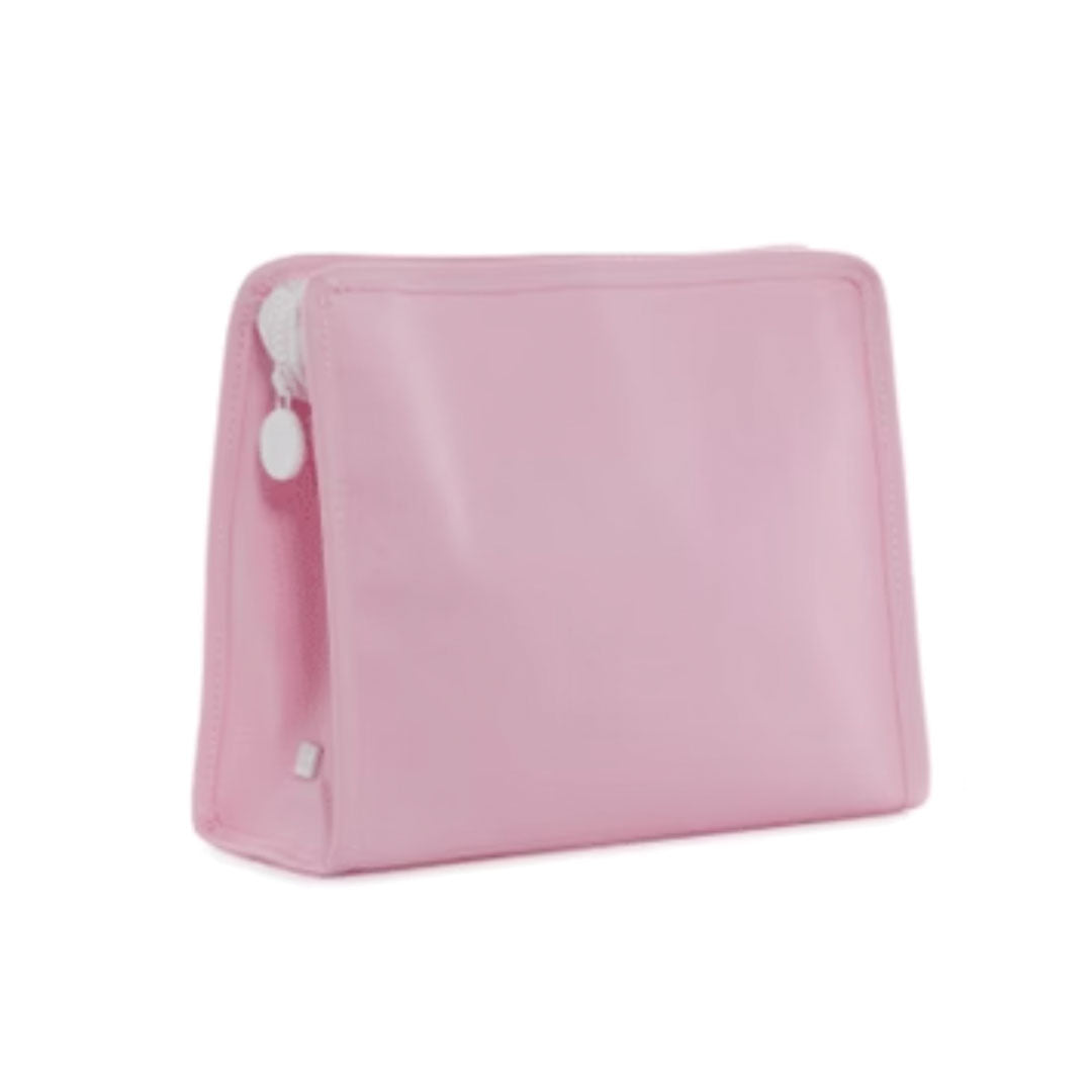 Pink pouch with a zipper on a white background.
