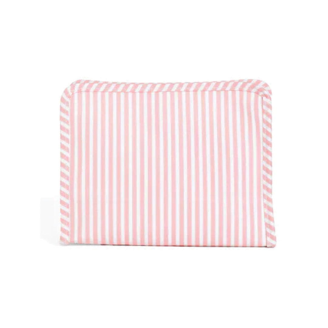Rose colored stripe pouch on white background.   
