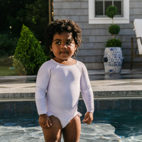 Pink and white striped long sleeve suit for her with leg ruffles 